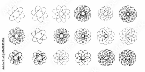 Collection of geometric spirograph patterns and abstract circular designs on white background