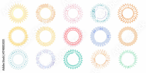 Collection of fifteen decorative circular frames in pastel colors with floral and sunburst designs