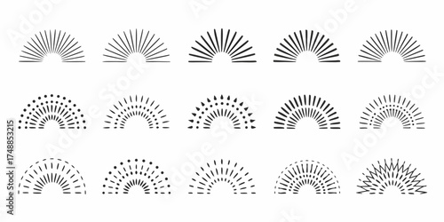 Collection of diverse sunburst and radial line art elements in a semicircle shape