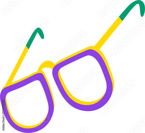 A pair of colorful eyeglasses with purple and yellow frames and green tips on the arms.