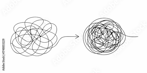 Illustration of a tangled line transforming into a more complex tangled line with an arrow indicating progression