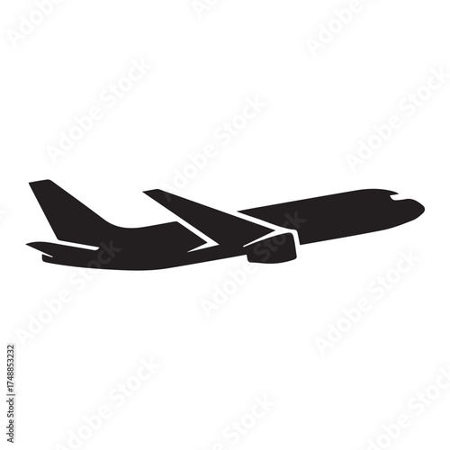 Black silhouette of a commercial airplane in flight viewed from the side aircraft travel