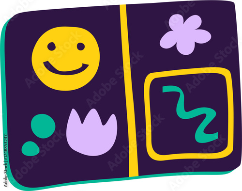 A whimsical cartoon illustration of a dark purple sketchbook with colorful doodles.