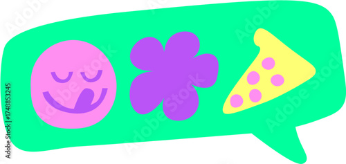 A green speech bubble containing a pink smiley face licking its lips, a purple flower, and a slice of pizza.