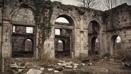 Abandoned Structure in Ruins with Arches and Overgrown Vegetation, Symbolizing Decay and Neglect