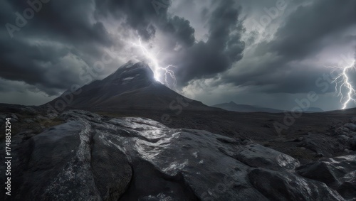 Dramatic image of mountain struck by lightning under a stormy sky, vast landscape