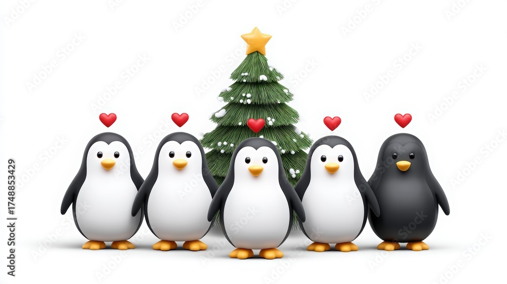 Fototapeta premium Cute Penguins with Hearts and Christmas Tree for Festive Celebrations