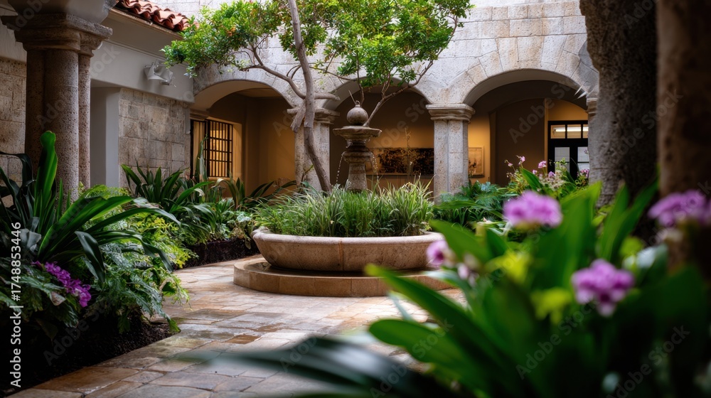 Fototapeta premium Serene Courtyard with Fountains and Lush Greenery in Sunlight