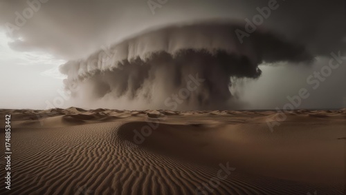 Dramatic storm rolls across rippled desert dunes, under a dark, foreboding sky