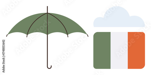 Green umbrella alongside a gift box featuring the Irish flag with a light cloud above. Ideal for weather, protection, Ireland, celebration, culture, gift, national pride. Simple flat metaphor
