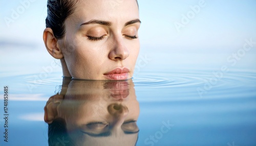 Serene woman enjoying quiet moment of mindfulness floating in the cool water with calming reflection
