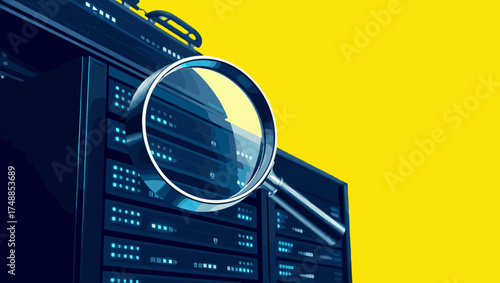icon of Magnifying glass focusing on data servers.