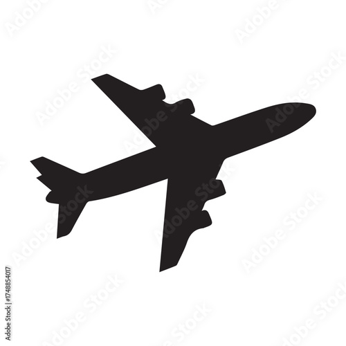 Black silhouette of a large passenger airplane with multiple engines viewed from a slight angle on a white background