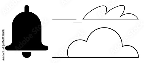 Notification bell alongside outlined clouds aligning concepts of alert, messaging, and digital connectivity. Ideal for notification, cloud storage, weather, alarms, simplicity, minimalism online
