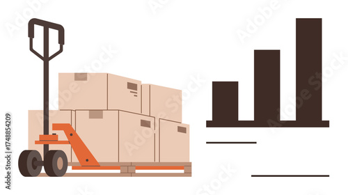 Pallet jack carrying stacked boxes, alongside a bar chart. Ideal for logistics, inventory, supply chain, shipping, productivity, statistics planning. Simple flat metaphor