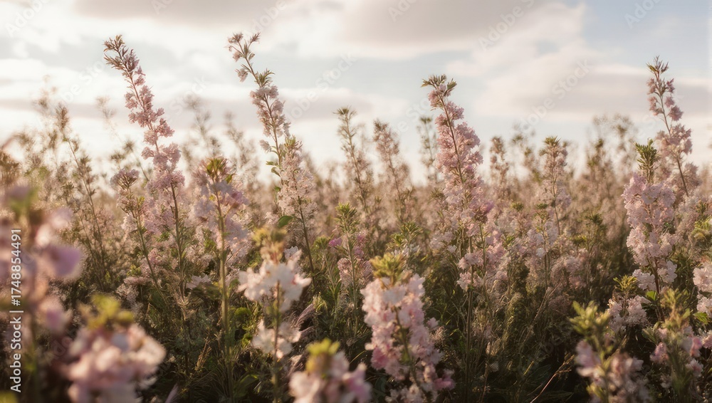 Obraz premium Field of soft pink wildflowers swaying in the gentle breeze under a cloudy sky