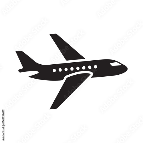 Silhouette of a commercial airplane in flight with windows visible on a white background aircraft