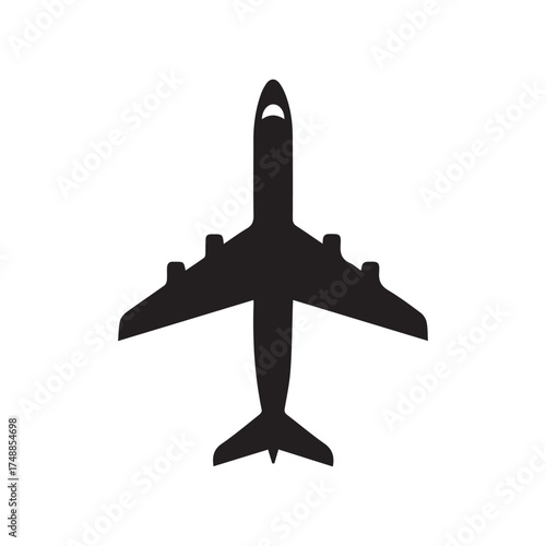 Top-down silhouette of a four-engine passenger airplane with wings spread on a white background