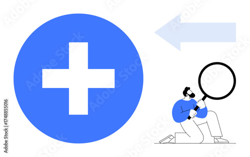 Person kneeling with magnifying glass, large blue plus sign, and directional arrow. Ideal for research, exploration, data analysis, growth, investigation, solutions improvement simple flat metaphor
