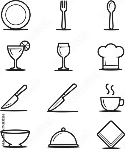 Culinary icons plate fork spoon drink glass chef hat knife cup bowl cloche napkin