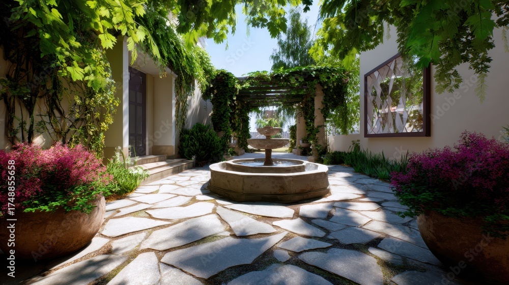 Fototapeta premium Serene Garden Retreat with Stone Pathway and Water Fountain