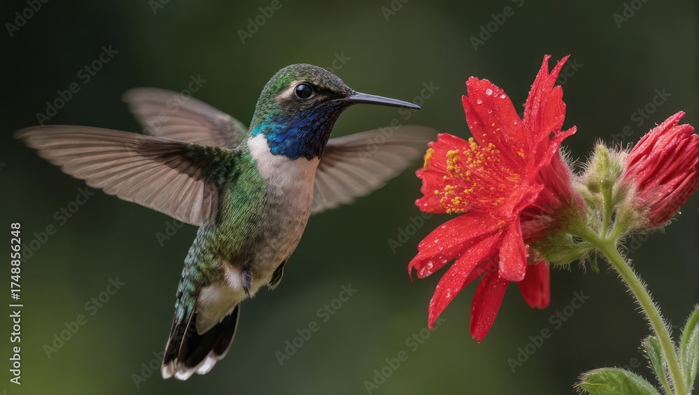 Fototapeta premium Hummingbird hovering near a vibrant red flower, wings spread, captured in flight