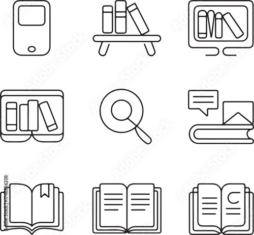 e-book, library, reading, icon, set, outline, online, education, study, learning, knowledge, simple, minimalist, modern, digital, literature, archive, research