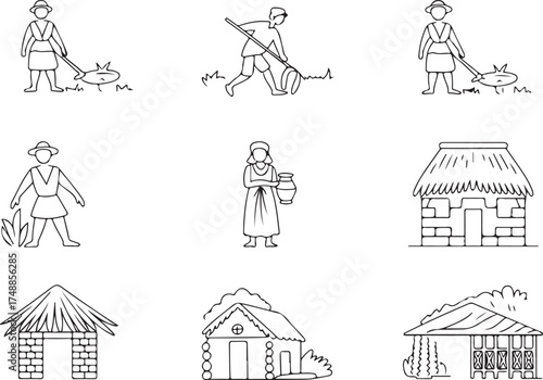 rural, village, life, icon, set, outline, traditional, culture, agriculture, farming, simple, minimalist, modern, people, community, historic, ancient, lifestyle