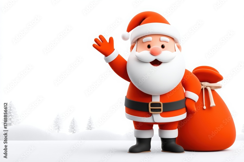 Obraz premium Cheerful Cartoon Santa Claus Waving with Gift Bag in Winter Scene