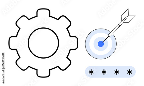 Gear for process, bullseye with arrow for goal achievement, password asterisks for data security. Ideal for business, technology, goal setting, innovation, cybersecurity, productivity workflow