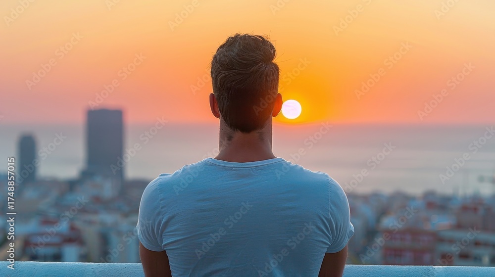 Fototapeta premium Sunset contemplation: A man stands gazing at a breathtaking sunset over a cityscape, a moment of peaceful reflection.