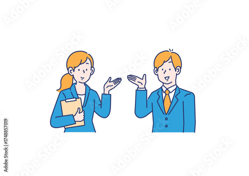 案内をする男女のビジネスパーソンのイラスト素材