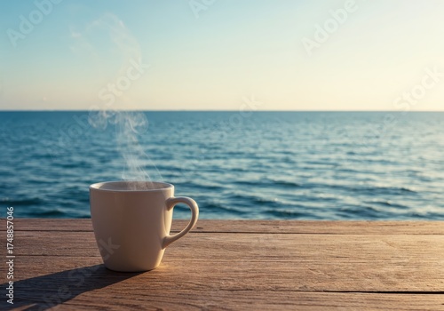 Coffee by the Sea: A tranquil scene of a steaming mug of coffee rests on a wooden surface with the calming ocean view in the background, evoking relaxation and a moment of serenity.