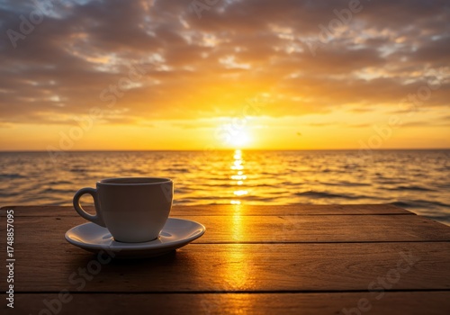 Serene Sunrise Coffee Moment: A tranquil scene unfolds as a cup of coffee rests on a wooden surface, with the rising sun painting the ocean with golden hues, representing the start of a beautiful day.