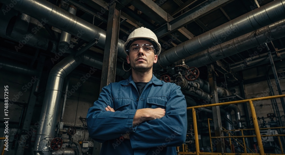 Fototapeta premium Focused Engineer: A dedicated engineer, radiating confidence, stands steadfast amidst the industrial complexity, embodying expertise and unwavering commitment.