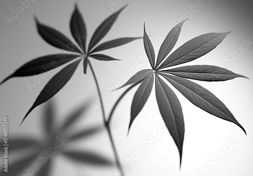 Two plants with fingered leaves in grayscale lighting