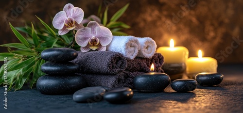 Still life of spa essentials stones, towels, candles, orchids