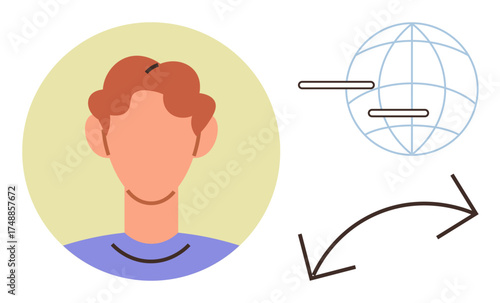 Profile avatar, globe, and curved arrows representing networking, communication, technology, and information flow. Ideal for internet access, globalization, teamwork user interface online