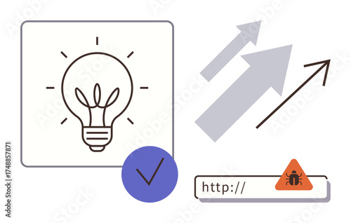 Light bulb for creativity, upward arrows for growth, URL with bug icon for cybersecurity alert, blue approval checkmark. Ideal for innovation, growth, security, analysis, technology strategy simple