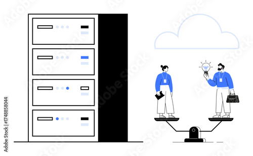 Server rack next to individuals on a scale with a lightbulb and documents. Ideal for cloud computing, business solutions, innovation, teamwork, data management, technology balance, simple flat