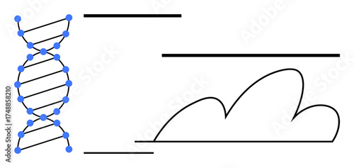 DNA helix structure with colorful points, interconnected lines, and a stylized cloud shape. Ideal for genetics, bioinformatics, cloud technology, data science, innovation, collaboration simple flat