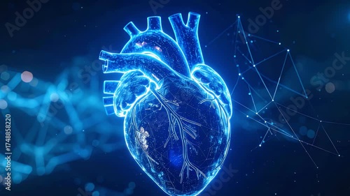 Futuristic blue glowing human heart with digital network connections, representing health technology, medical innovation, and cardiovascular science.