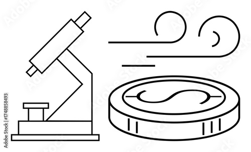 Microscope next to Petri dish and swirling stream representing scientific research, exploration, and innovation. Ideal for biology, microbiology, technology, laboratory work, progress, discovery