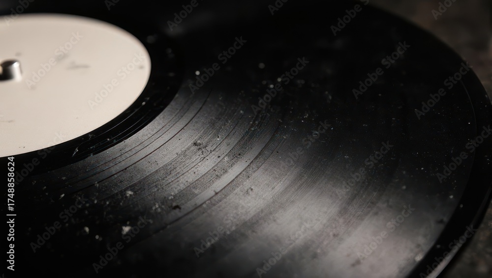 Obraz premium Macro shot of a black vinyl record with white label, showing dust & grooves