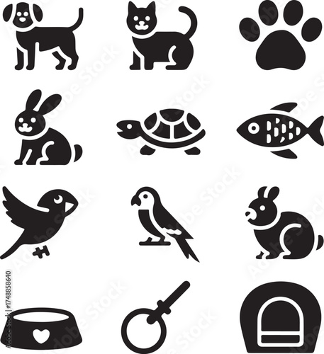 Pet icons dog cat rabbit turtle fish bird parrot bowl leash house