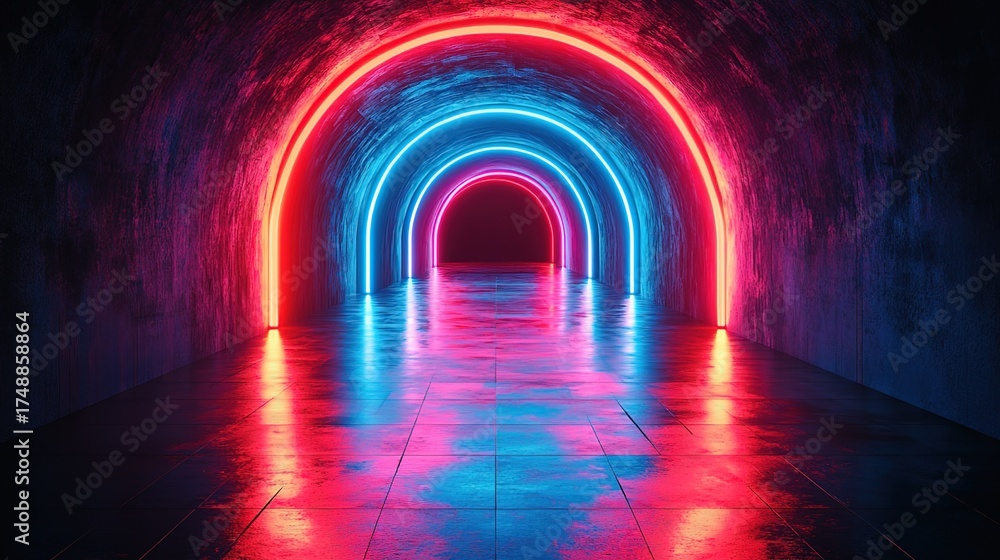 Fototapeta premium Red and Blue Arched Light Tunnel: Futuristic Architectural Passage with Symmetrical Reflections for Sci-Fi Films, Music Videos and Virtual Reality Scenes