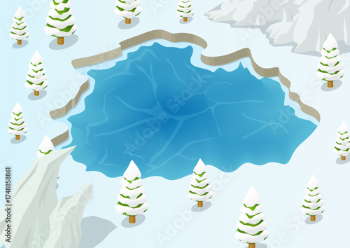 Isometric lake in winter with snowy trees