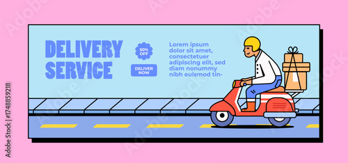 Delivery service banner with scooter courier carrying packages illustration vector cartoon