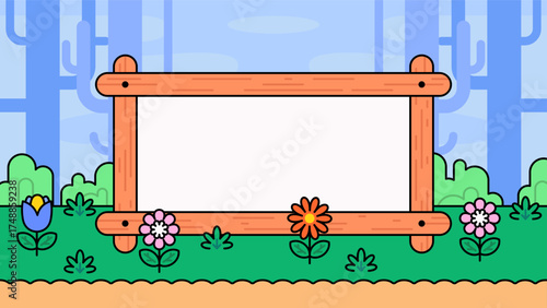 Wooden signboard frame with colorful flowers in green garden vector illustration