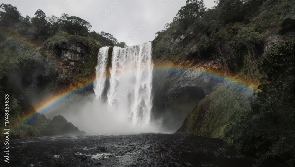 Fototapeta premium Vibrant rainbow arches over a powerful waterfall amidst lush green forest and misty spray